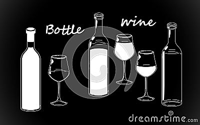 Set retro white bottle, line drawing glasses and wine silhouettes, old fashioned vintage hand drawing on black background. Vector Vector Illustration