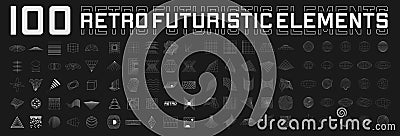 Set of retrofuturistic design elements. Perspective grids, tunnels, RETRO title, polar grid, geometry, portals, gravity Vector Illustration