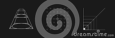 Set of retrofuturistic design elements. Retrofuturistic prism, HUD aim, coordinate scale in cyberpunk 80s style. Cyber Vector Illustration