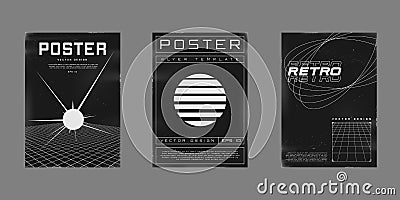 Set of retrofuturistic design posters. Cyberpunk 80s style posters with perspective grid with explod star, retrowave sun Vector Illustration