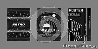 Set of retrofuturistic design posters. Cyberpunk 80s style posters with perspective grids, black hole tunnel, and Vector Illustration