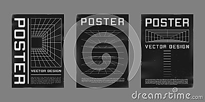 Set of retrofuturistic design posters. Cyberpunk 80s style posters with perspective grid tunnels. Shabby scratched flyer Vector Illustration