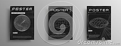 Set of retrofuturistic posters with HUD elements, perspective laser grid, and wireframe liquid distorted ellipse planet Vector Illustration