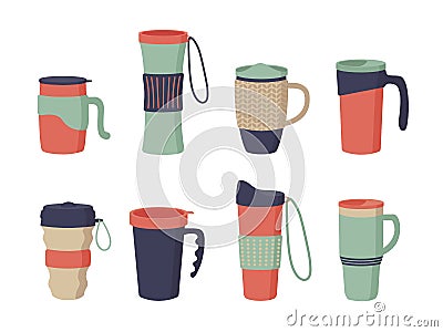 Set of Reusable cups, tumblers and thermo mug with cover Vector Illustration