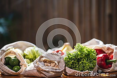 Set of reusable and zero waste cotton shopping bags for food Stock Photo