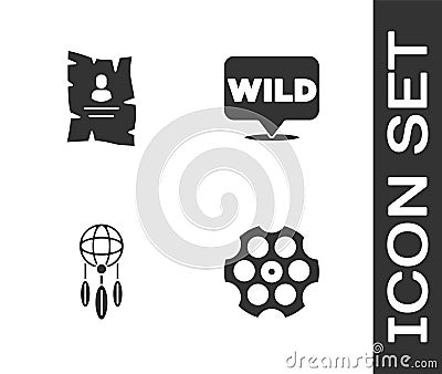 Set Revolver cylinder, Wanted western poster, Dream catcher with feathers and Pointer to wild icon. Vector Stock Photo