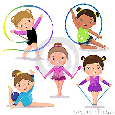 Set of rhythmic gymnastics cute girls Vector Illustration