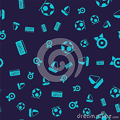 Set Ribbon in finishing line, Medal with star, Soccer football ball and Yacht sailboat on seamless pattern. Vector Vector Illustration