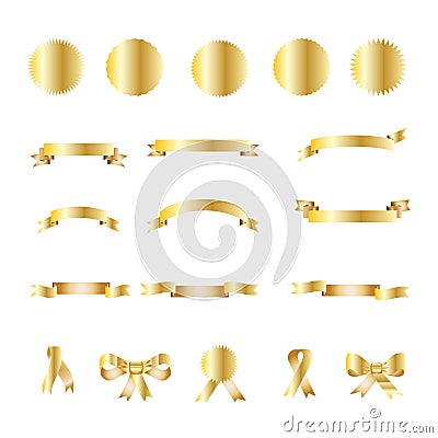 Set of gold ribbons banners, labels and bow tie icons sign isolated vector Vector Illustration