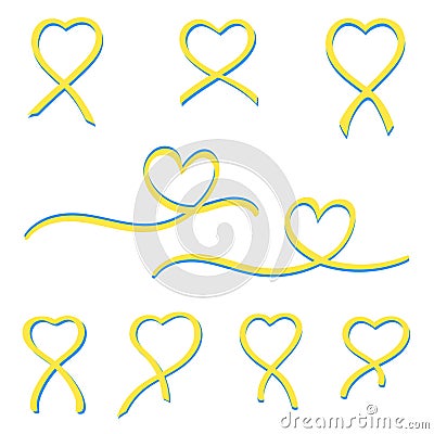 Set of ribbons in the shape of hearts in colors of Ukrainian flag. Vector Illustration