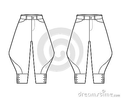Set of Riding breeches shorts pants technical fashion illustration with knee length, low waist, rise, curved pocket Vector Illustration