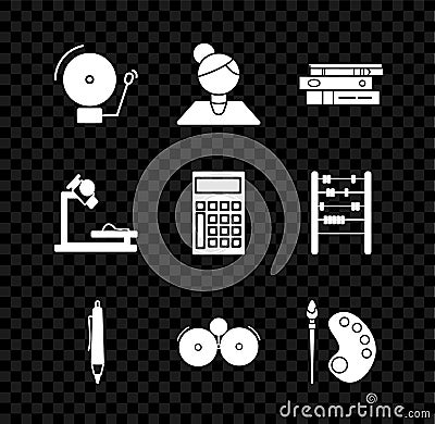 Set Ringing alarm bell, Teacher, Office folders with papers and documents, Pen, Paint brush palette, Microscope and Vector Illustration