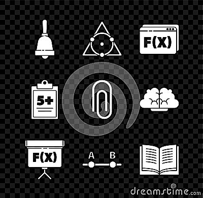 Set Ringing bell, Triangle math, Function mathematical symbol, Chalkboard, Graph, schedule, chart, diagram, Open book Vector Illustration