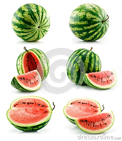 Set of Ripe Green Watermelon Isolated on White Stock Photo