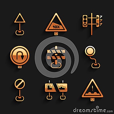 Set Road barrier, traffic sign, Uneven road ahead, Stop, Turn back, Traffic light and Triangle warning blank icon Vector Illustration