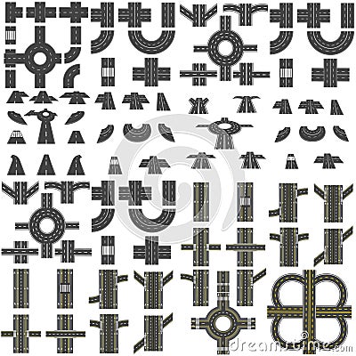 A set of road sections, circular interchanges, various intersections. Top view and perspective. illustration Vector Illustration