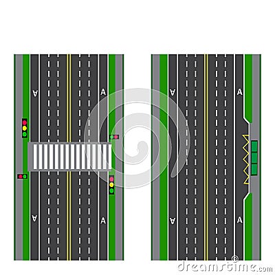 A set of road sections. Stop. Transition. Bicycle paths, sidewalks and intersections. View from above. illustration Vector Illustration