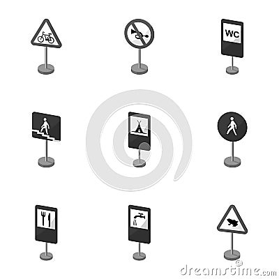 Set of road signs. Signs of prohibition, permission, priority. Road signs icon in set collection on monochrome style Vector Illustration