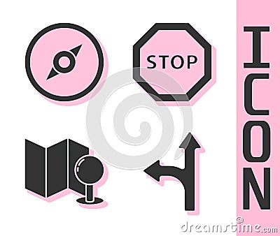 Set Road traffic sign, Compass, Folded map with push pin and Stop sign icon. Vector Vector Illustration