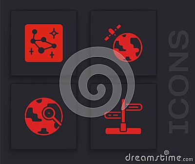 Set Road traffic sign, Great Bear constellation, Satellites orbiting the planet and Magnifying glass with globe icon Vector Illustration