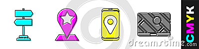Set Road traffic sign, Map pointer with star, City map navigation and City map navigation icon. Vector. Vector Illustration