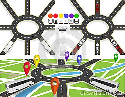 A set of roads with a circular motion. Markers on the map of the city and without. Movement of vehicles. The path is Vector Illustration