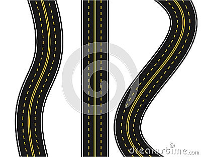 Set of roads with various white and yellow markings on a white background. Straight and with turns. illustration. Vector Illustration