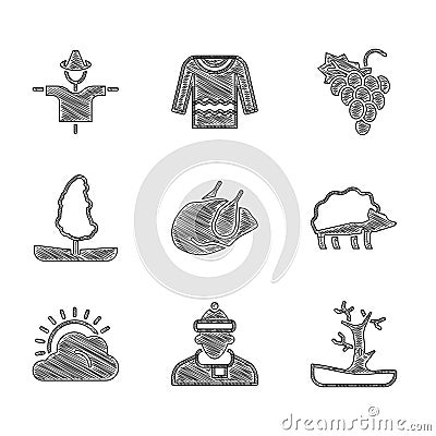 Set Roasted turkey or chicken, Autumn clothes, Bare tree, Hedgehog, Sun and cloud weather, Tree, Grape fruit and Vector Illustration