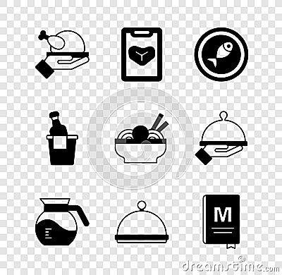 Set Roasted turkey or chicken, Restaurant cafe menu, Served fish on plate, Coffee pot, Covered with tray, Champagne in Vector Illustration