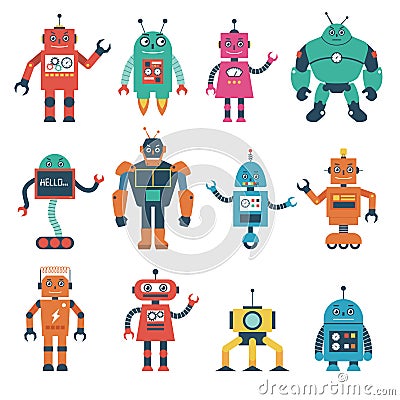 Set of Robot Characters Isolated on White Background Vector Illustration