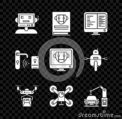 Set Robot, Computer monitor screen, Drone delivery concept, flying with action camera, Industrial machine robotic robot Vector Illustration