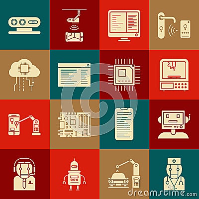 Set Robot doctor, 3D printer, Computer monitor screen, Software, web developer programming code, Internet things, 3d Stock Photo