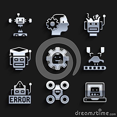 Set Robot, Drone, Creating robot, Robotic arm factory, Error, Broken and Disassembled icon. Vector Vector Illustration