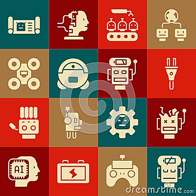 Set Robot low battery charge, Broken robot, Electric plug, Industrial production of robots, vacuum cleaner, Drone Stock Photo