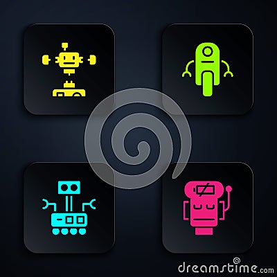 Set Robot low battery charge, Disassembled robot, and . Black square button. Vector Vector Illustration