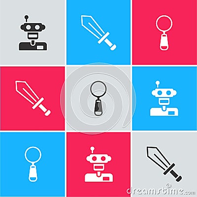Set Robot, Sword for game and Magnifying glass icon. Vector Vector Illustration