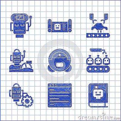 Set Robot vacuum cleaner, Computer api interface, User manual, Industrial production of robots, setting, humanoid Vector Illustration