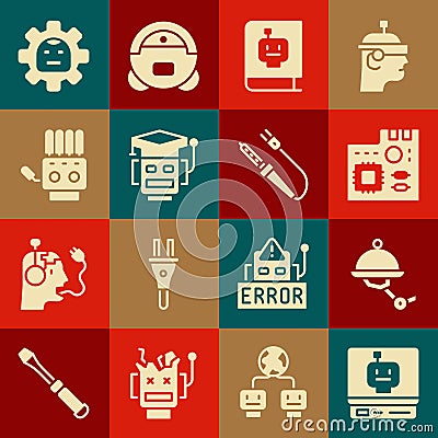 Set Robot, Waiter robot, Motherboard digital chip, User manual, Mechanical hand, and Soldering iron icon. Vector Stock Photo