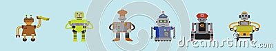 Set of robot workers cartoon icon design template with various models. vector illustration isolated on blue background Vector Illustration