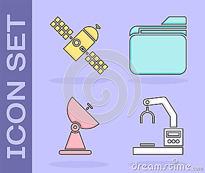 Set Robotic robot arm hand factory, Satellite, Radar and Document folder icon. Vector Vector Illustration