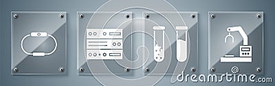 Set Robotic robot arm hand factory, Test tube and flask, Server, Data, Web Hosting and Smartwatch. Square glass panels Vector Illustration
