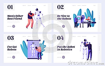 Set of Robotics Website Landing Page Template, Stages of Robots Creation. Engineering Robotics Process in Science Laboratory Vector Illustration