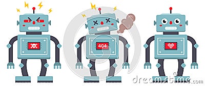 Set of robots on a white background. evil, broken and kind iron cyborg. Cartoon Illustration
