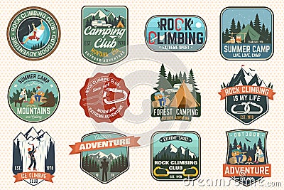 Set of Rock Climbing club and summer camp badges. Vector. Vector Illustration