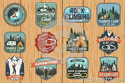 Set of Rock Climbing club and summer camp badges. Vector. Vector Illustration