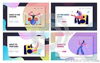 Set Rock Music Players and Girl Dancer. Musical Hobby and Occupation. Guitarist, Drummer and Dancer on Stage. Talented People Vector Illustration