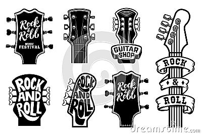 Set of rock and roll guitars necks heads with lettering. Design element for logo, emblem, card,banner, t-shirt. Vector Illustration