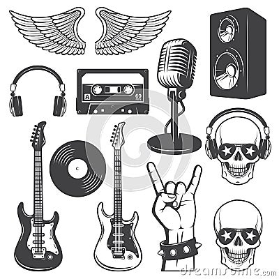 Set of rock and roll music elements. Vector Illustration