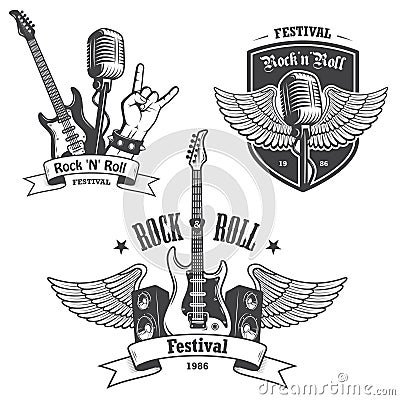Set of rock and roll music emblems. Vector Illustration