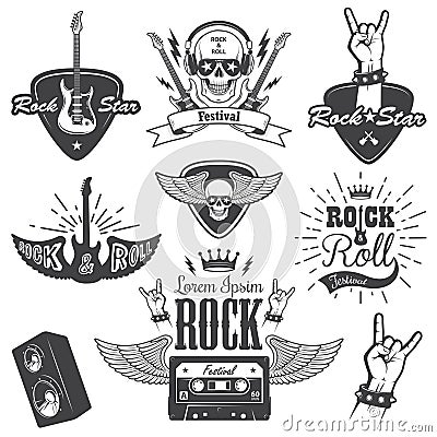 Set of rock and roll music emblems. Vector Illustration